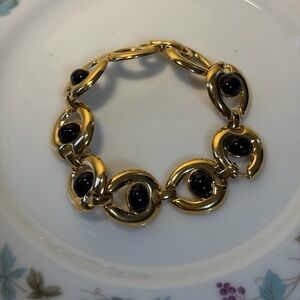 Monet Gold-tone and Black Cabochon Link Bracelet. 7.5